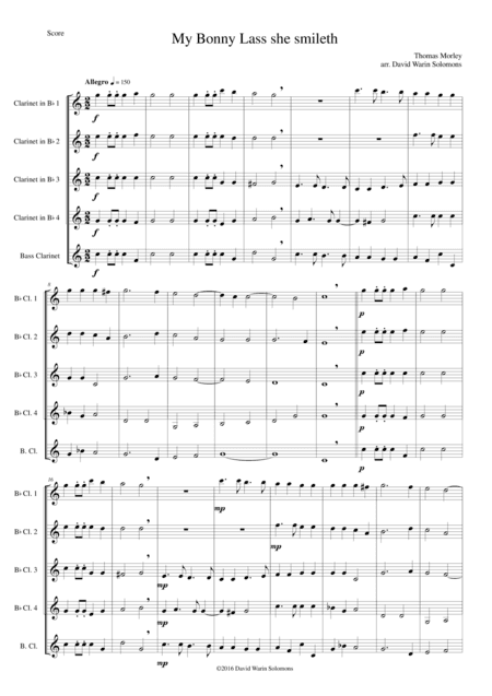 My bonny lass she smileth for clarinet quintet (4 B flats and 1 Bass) (arr. David Warin Solomons)