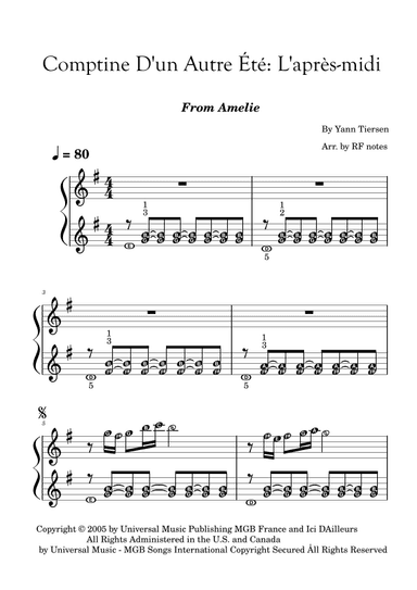 Comptine D'un Autre Été: L'après-midi (arr. RF notes)