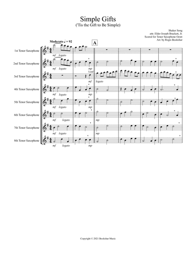 Simple Gifts ('Tis the Gift to Be Simple) (F) (Tenor Saxophone Octet) (arr. Regis Bookshar)