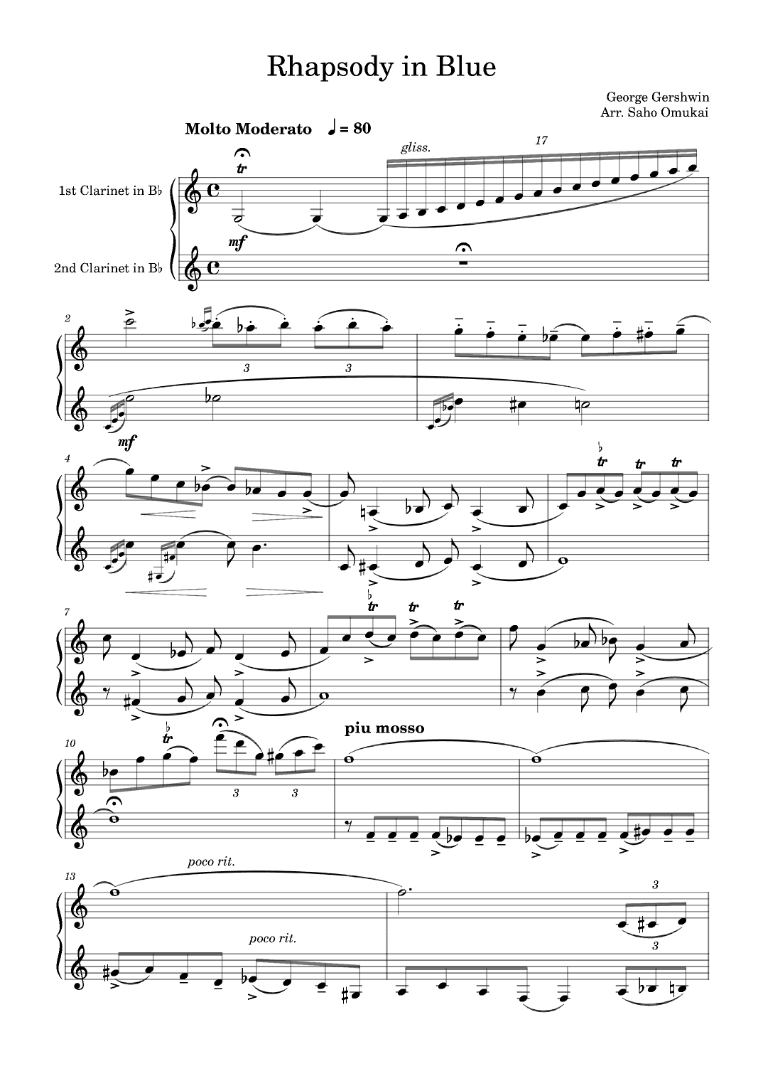 G.Gershwin: Rhapsody in Blue for two clarinets (arr. Saho Omukai)