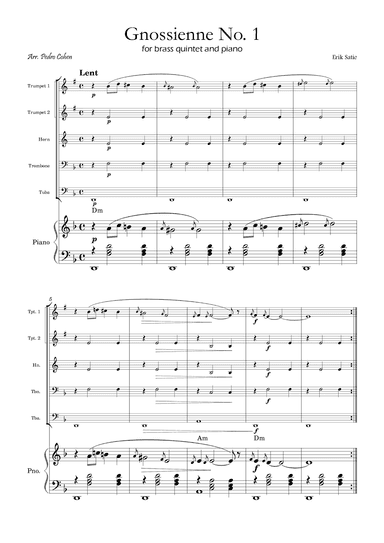 Gnossienne No. 1 – for Brass Quintet and Piano with chords (arr. Pedro Cohen)