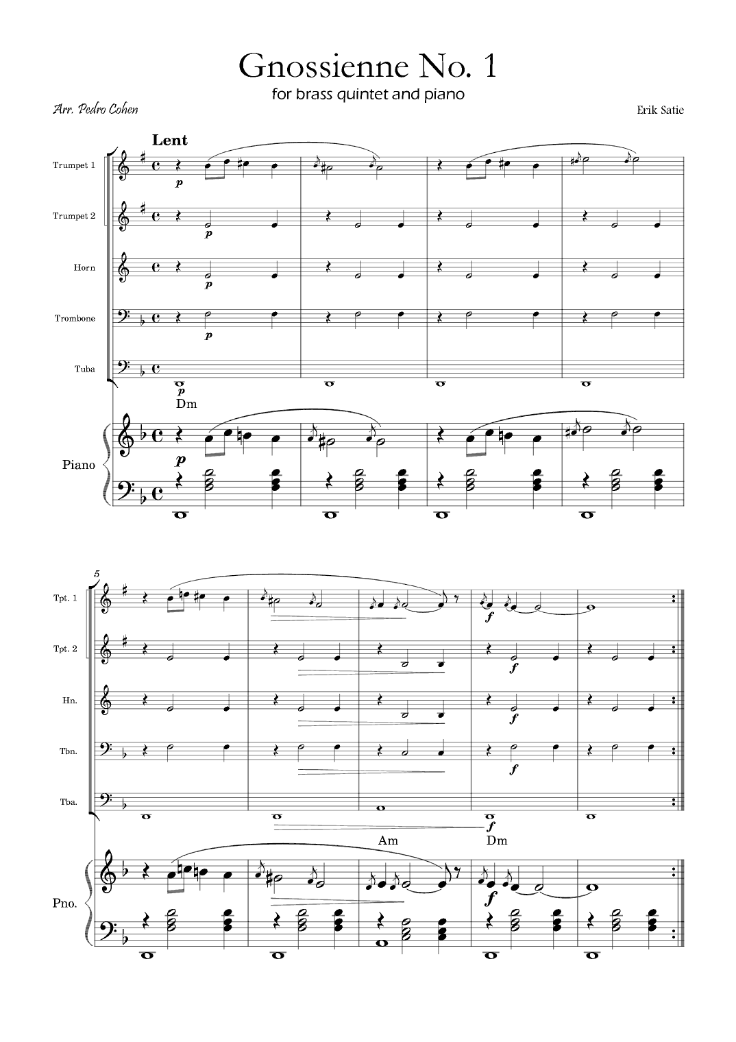 Gnossienne No. 1 – for Brass Quintet and Piano with chords (arr. Pedro Cohen)