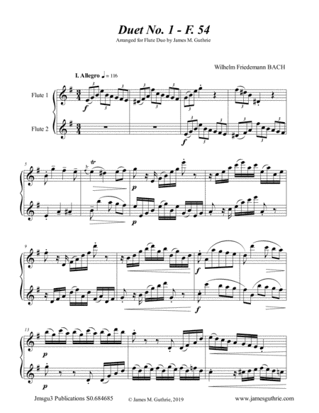 WF Bach: The Six Duets Complete for Flute Duo (arr. James M. Guthrie, ASCAP)