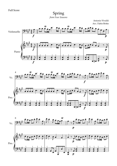Spring (from Four Seasons of Antonio Vivaldi) for Cello Solo and Piano Accompaniment (In A Major) (arr. Fabio Britto)