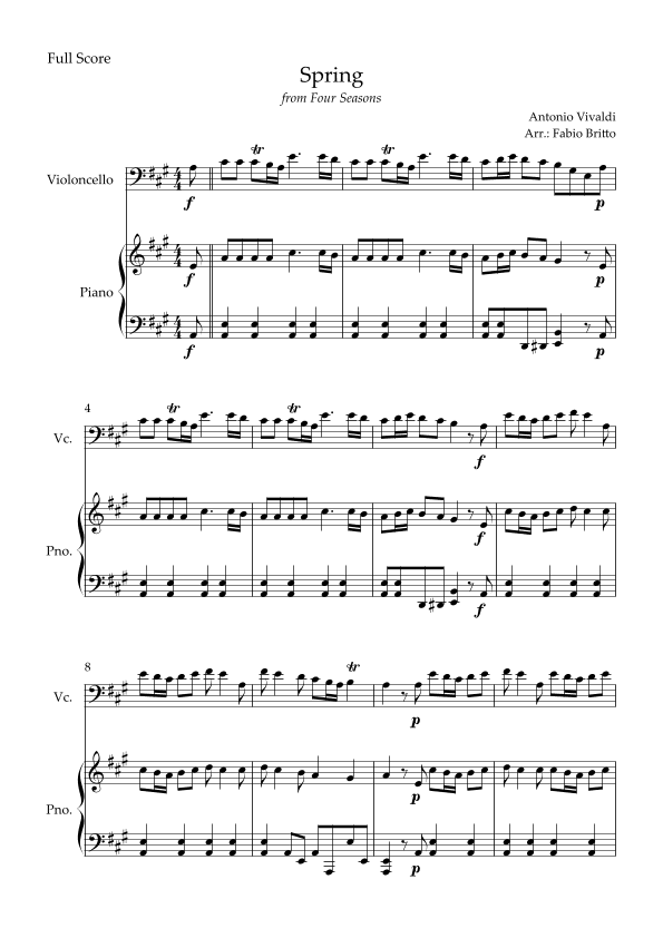 Spring (from Four Seasons of Antonio Vivaldi) for Cello Solo and Piano Accompaniment (In A Major) (arr. Fabio Britto)