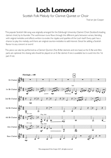 Loch Lomond - Scottish Folk Melody for Clarinet Choir or Quintet (arr. Joe Cooper)
