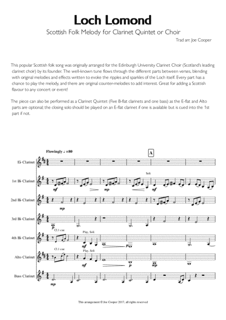 Loch Lomond - Scottish Folk Melody for Clarinet Choir or Quintet (arr. Joe Cooper)
