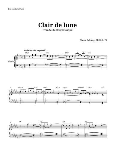 Clair de Lune by Debussy for Intermediate Piano (arr. Langanho)