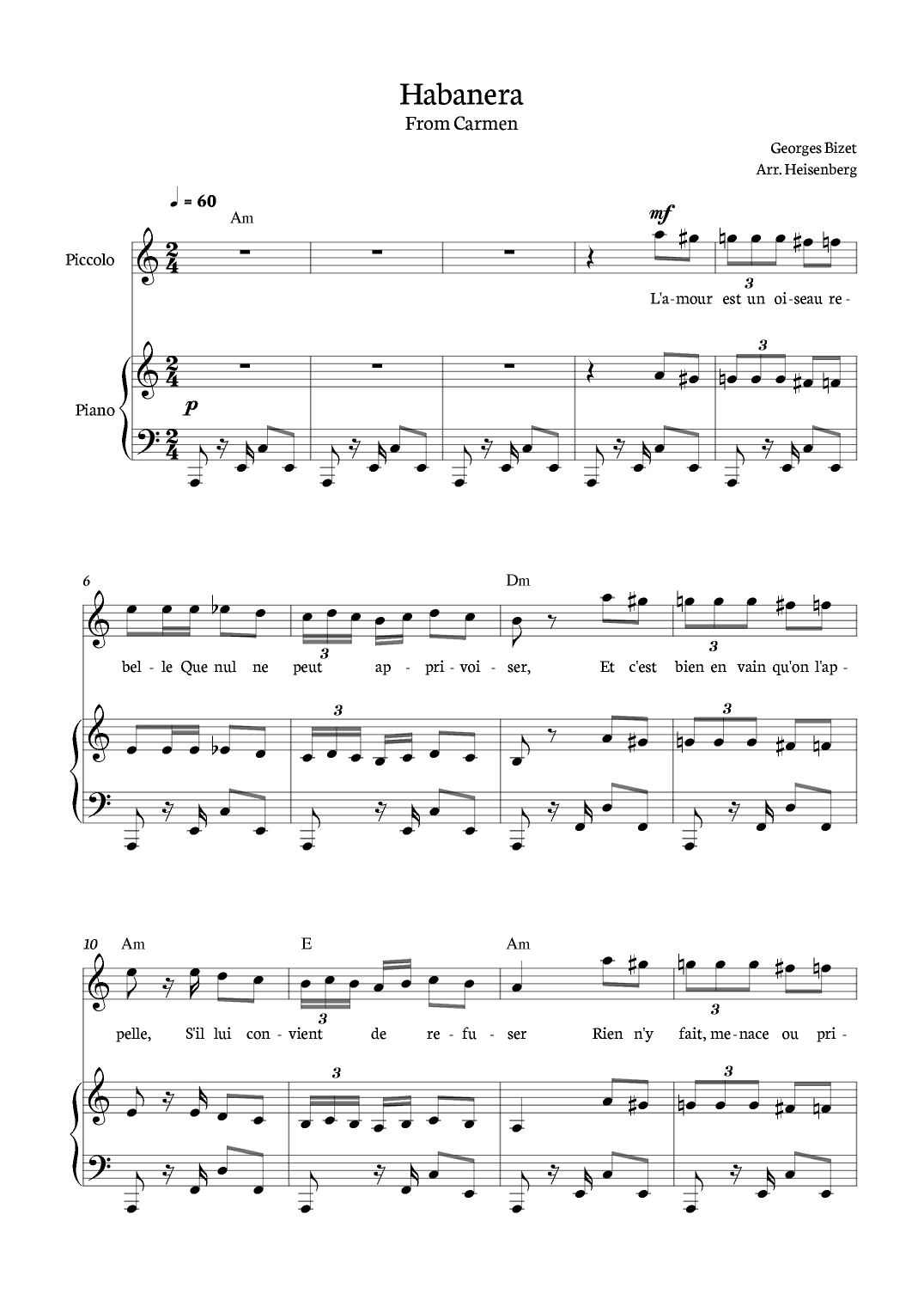 Habanera from Carmen for Piccolo with piano and chords. (arr. Heisenberg)