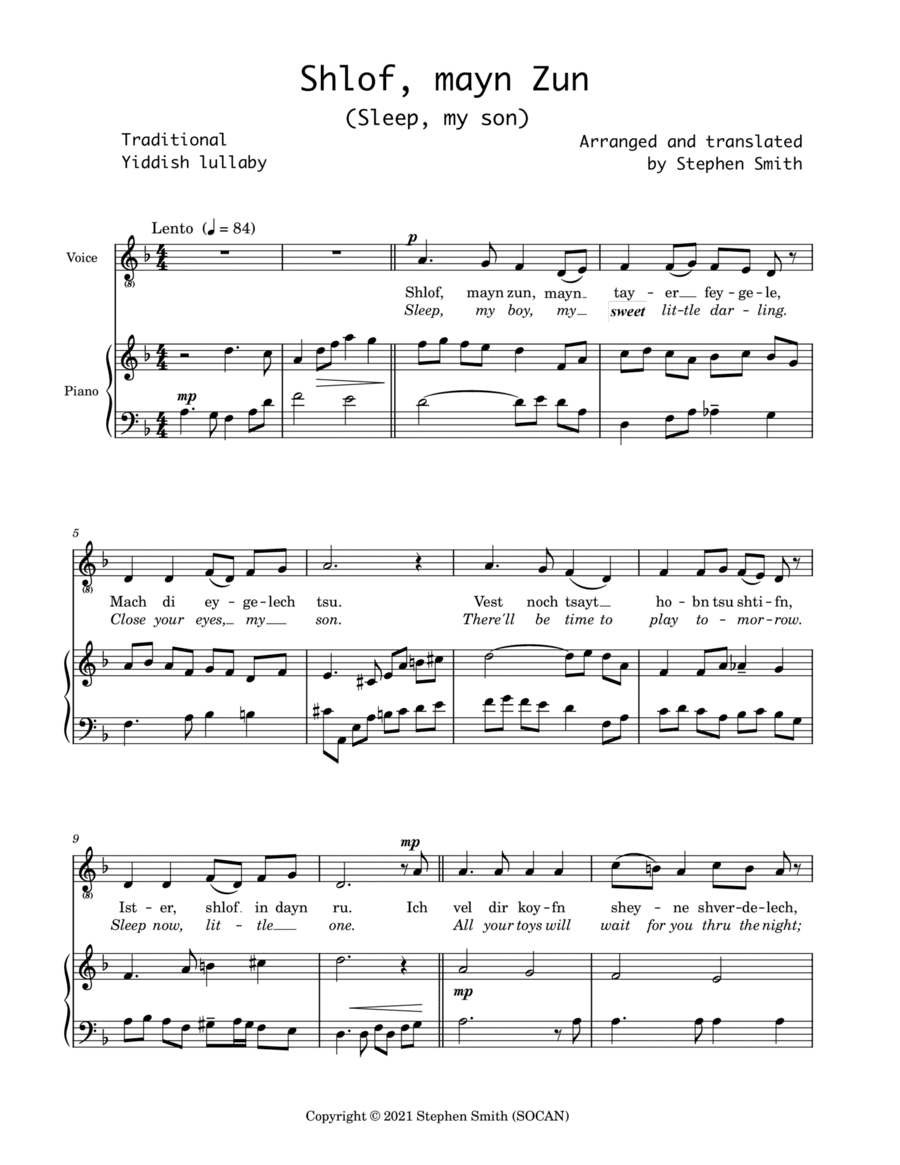 Shlof, mayn Zun (Voice, Piano) (arr. Stephen Smith)