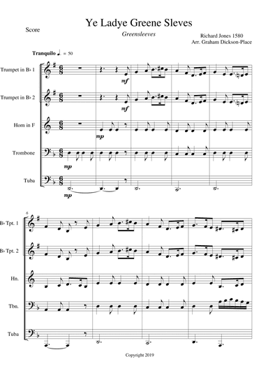 Greensleeves (Ye Ladye Greene Sleves) - Score and Parts. Arr. by Graham Dickson-Place (arr. Graham Dickson-Place)