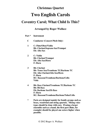 Two English Carols (Coventry Carol; What Child Is This?) - Sax Quartet (arr. Roger Wallace)