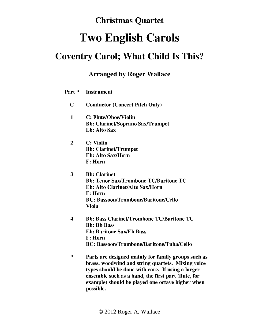 Two English Carols (Coventry Carol; What Child Is This?) - Sax Quartet (arr. Roger Wallace)