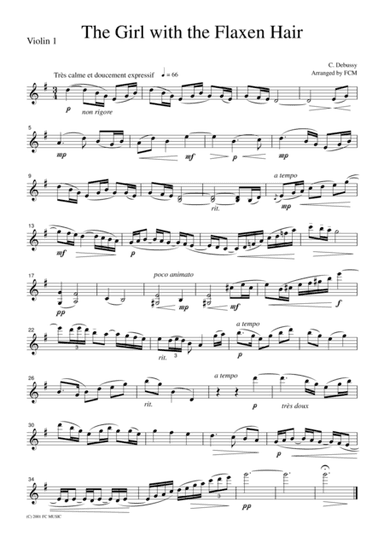 Debussy  The Girl with Flaxen Hair, for string quartet, CD001 (arr. FCMUSIC)
