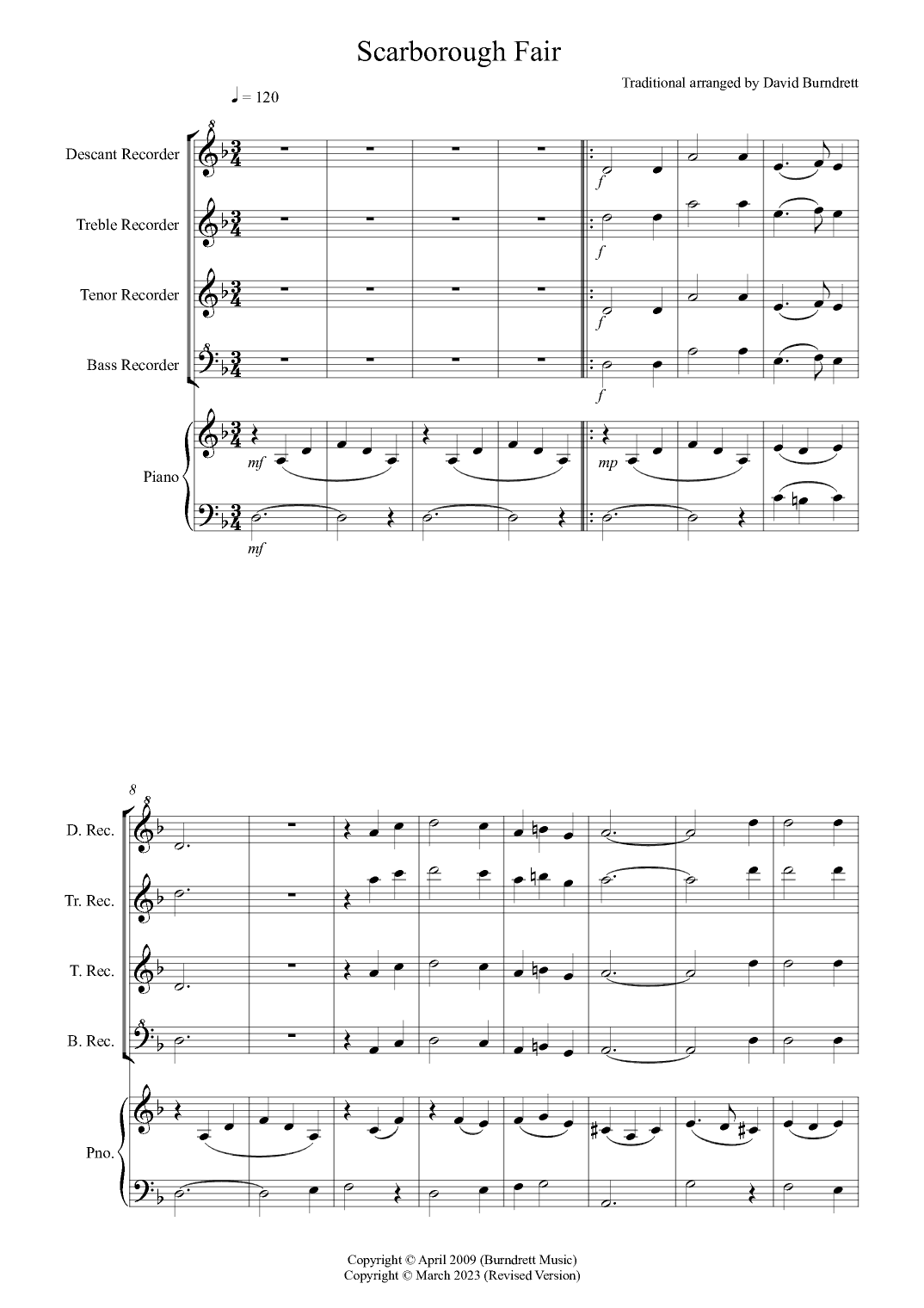 Scarborough Fair for Recorder and Piano (arr. David Burndrett)