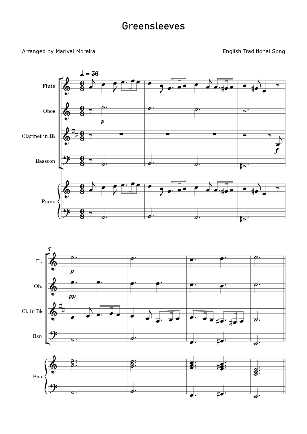 GreenSleeves - Woodwind Quartet and Piano acompaniment (arr. Marival Moreira)