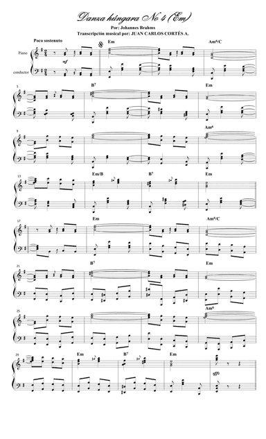 Danza húngara (Ungarischer Tanz) No 4 (WoO 1) por Johannes Brahms Nissen y N. Merty. (arr. Juan Carlos Cortés A.)