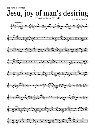JESU, JOY OF MAN'S DESIRING by Bach - easy version for Soprano Recorder and piano with chords (arr. Leyandder Trustworthy)