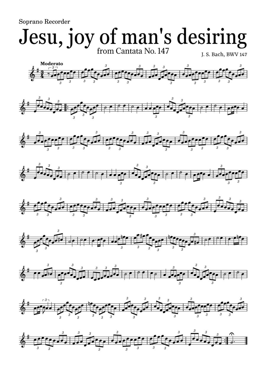 JESU, JOY OF MAN'S DESIRING by Bach - easy version for Soprano Recorder and piano with chords (arr. Leyandder Trustworthy)