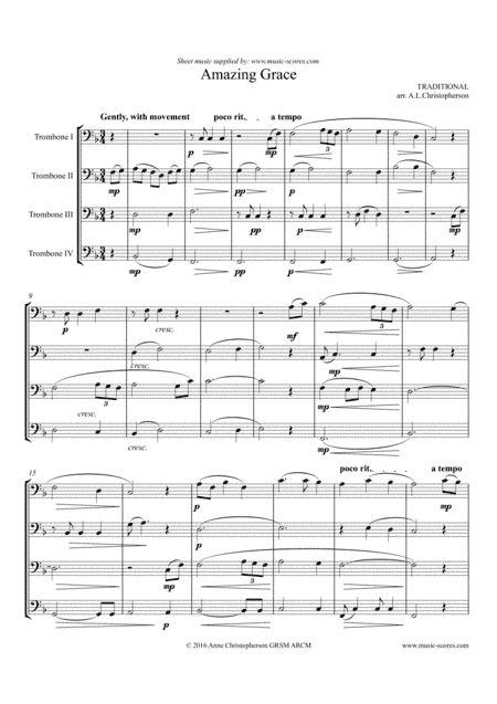 Amazing Grace - Trombone Quartet - Intermediate (arr. Anne L Christopherson GRSM ARCM)