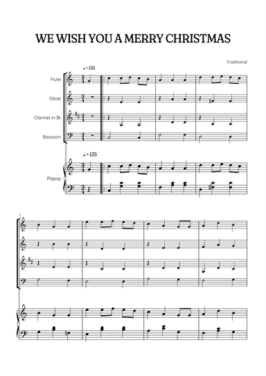 We Wish You a Merry Christmas for Woodwind Quartet & Piano • easy Christmas sheet music (arr. Benzaiten Editions)