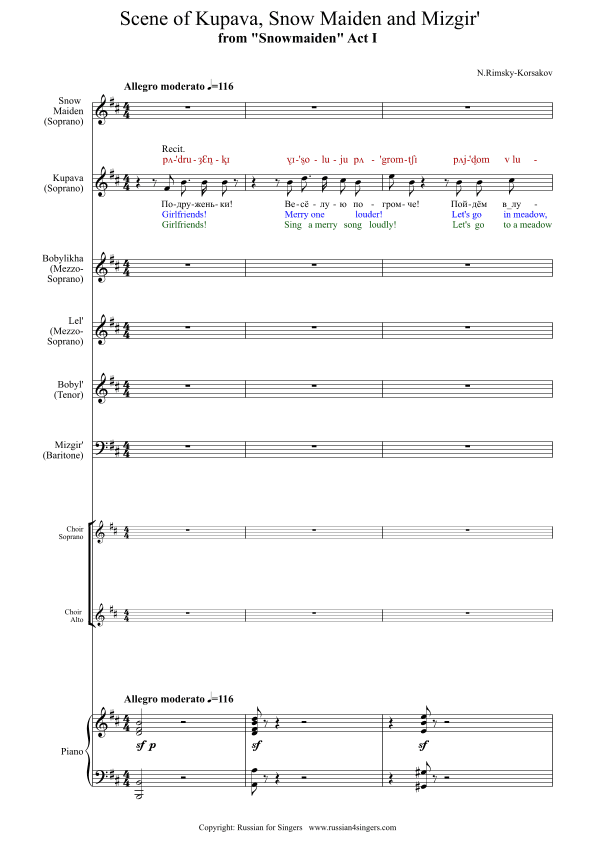 "Snowmaiden": Scene of Kupava, Snow Maiden and Mizgir' Act I DICTION SCORE w IPA & translation (arr. Russian for Singers)