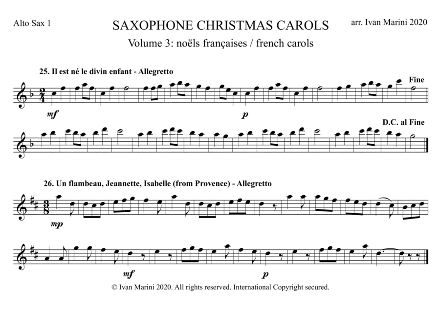 SAXOPHONE CHRISTMAS CAROLS vol. 3 - 13 world famous French Carols for Sax Quartet (SATB or AATB) (arr. Ivan Marini)