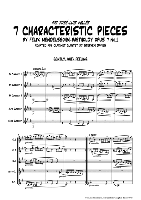 '7 Characteristic Pieces' by Felix Mendelssohn-Bartholdy for Clarinet Quintet. (arr. Stephen Davies)