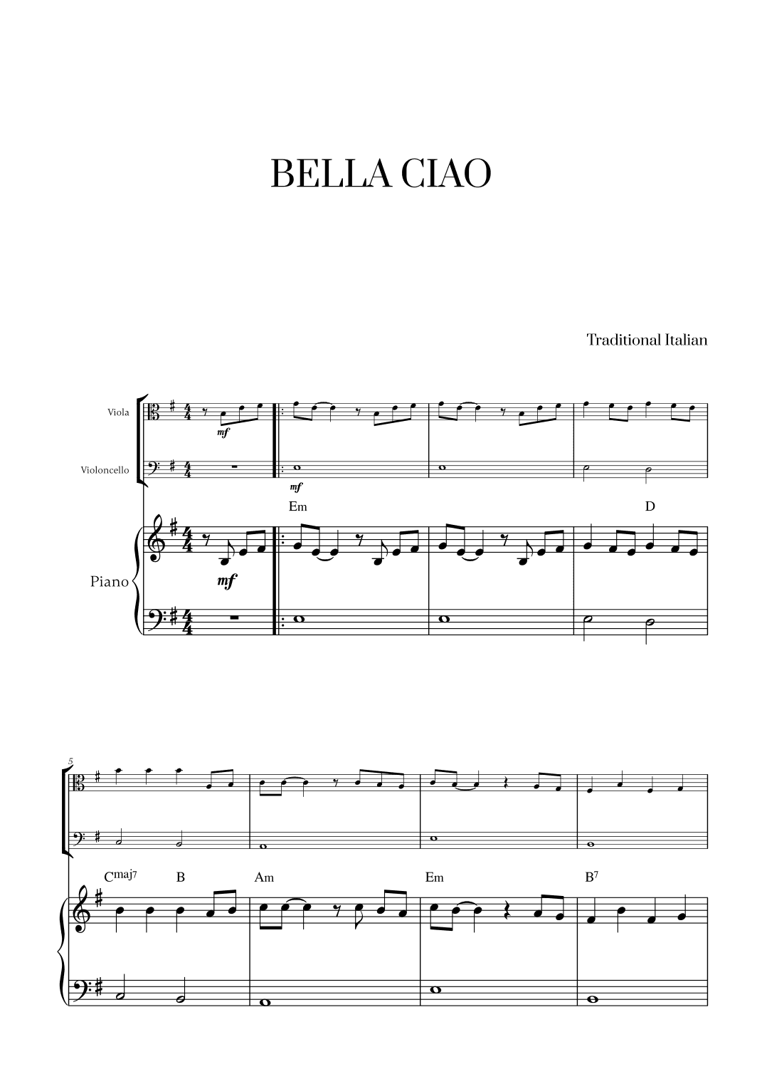 Bella Ciao with chords for Viola, Cello and Piano (arr. Cadenza Editions)
