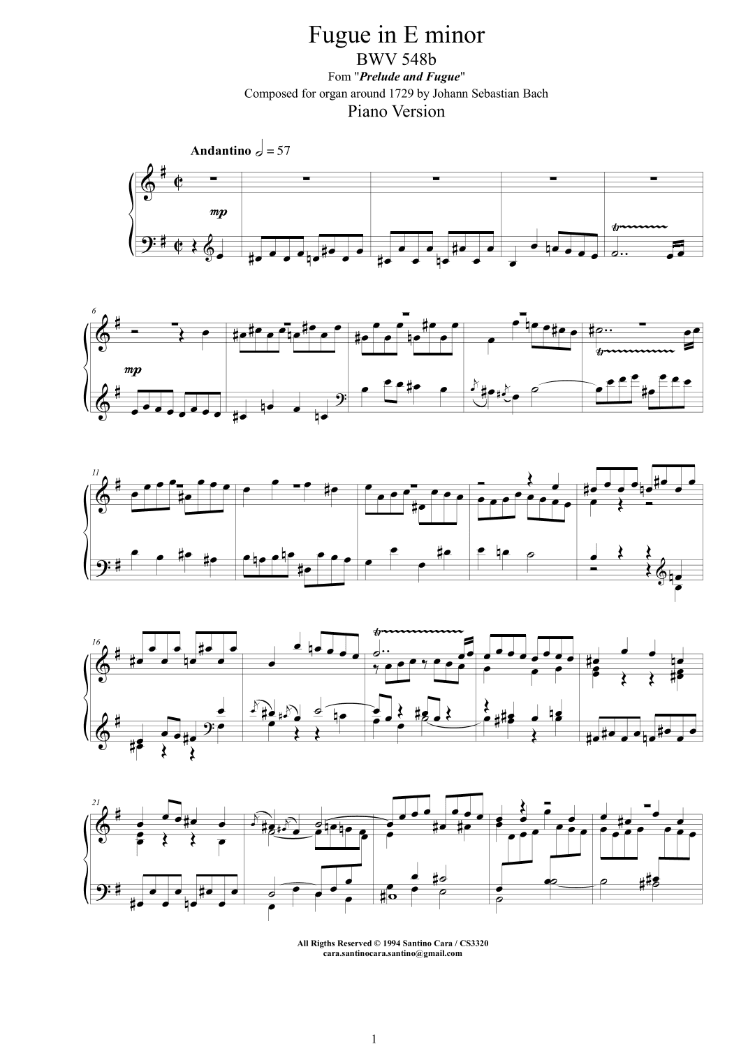 Bach - Fugue in E minor BWV 548b - Piano version (arr. Santino Cara)