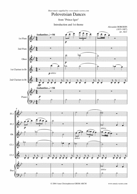 Polovetsian Dances - Prince Igor - Introduction and Gliding Dance of the Maidens - 2 Flutes, Oboe, 2 (arr. Anne L Christopherson GRSM ARCM)