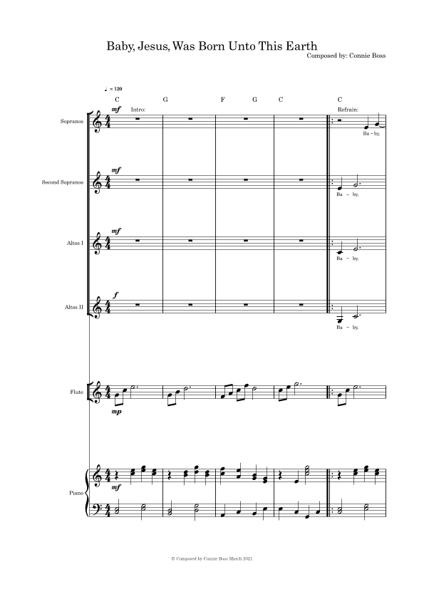 Baby Jesus Was Born Unto This Earth SSAA flute or cello or violin and piano