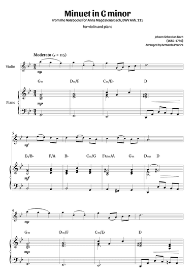 Minuet in G minor (violin and piano – clean with chords) (arr. Bernardo Pereira)