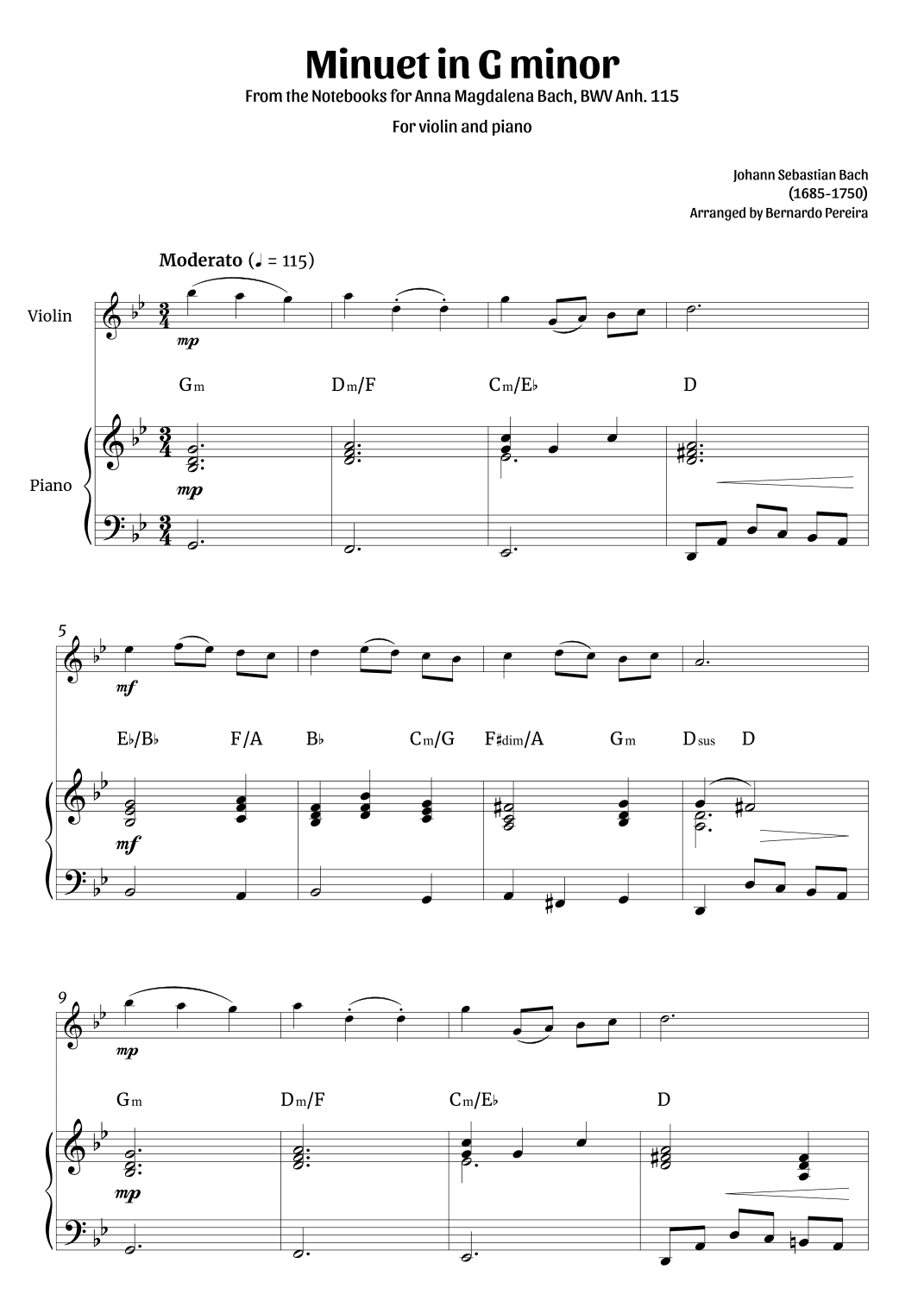 Minuet in G minor (violin and piano – clean with chords) (arr. Bernardo Pereira)
