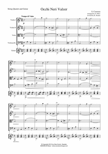 Occhi Neri Valzer / Black Eyes Italian Waltz for string quartet and guitar (arr. K. Krantz)