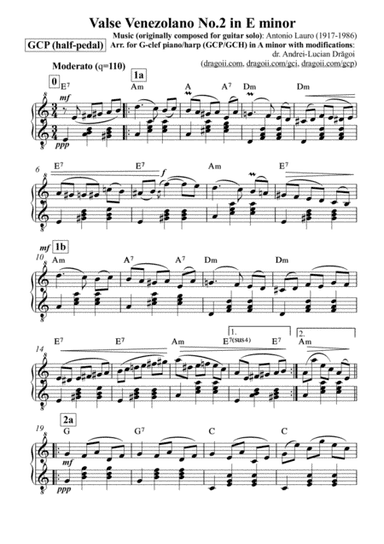 Lauro (Antonio) - Valse Venezolano No.2 in E minor -arr. in Am for easy G-clef piano/harp (GCP/GCH) (arr. Andrei-Lucian Dragoi)