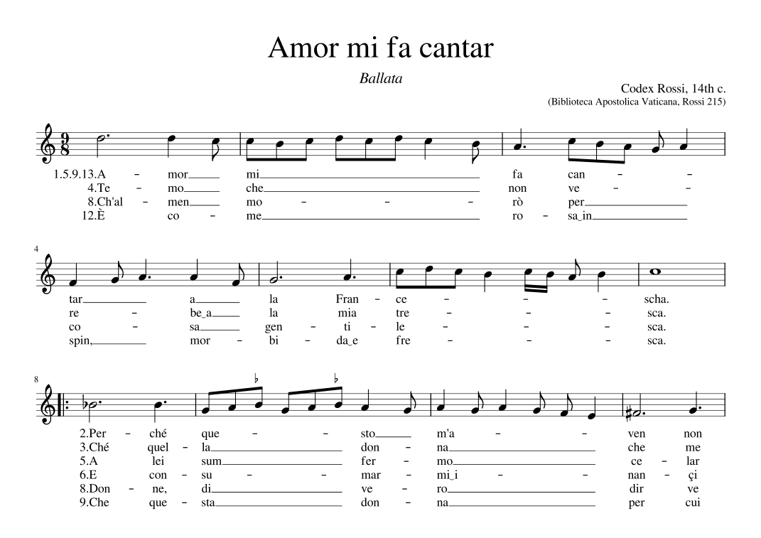 Amor mi fa cantar a la Francescha (arr. Early Music Scores)