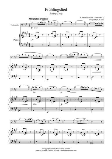 Fruhlingslied, Lieder ohne Worte Op. 62, Spring Song for for cello and easy piano (arr. Amadeus Music)