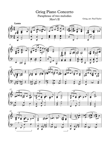 Grieg Piano Concerto mov't 2 paraphrase, transposed to the key of C (arr. Paul Taylor)