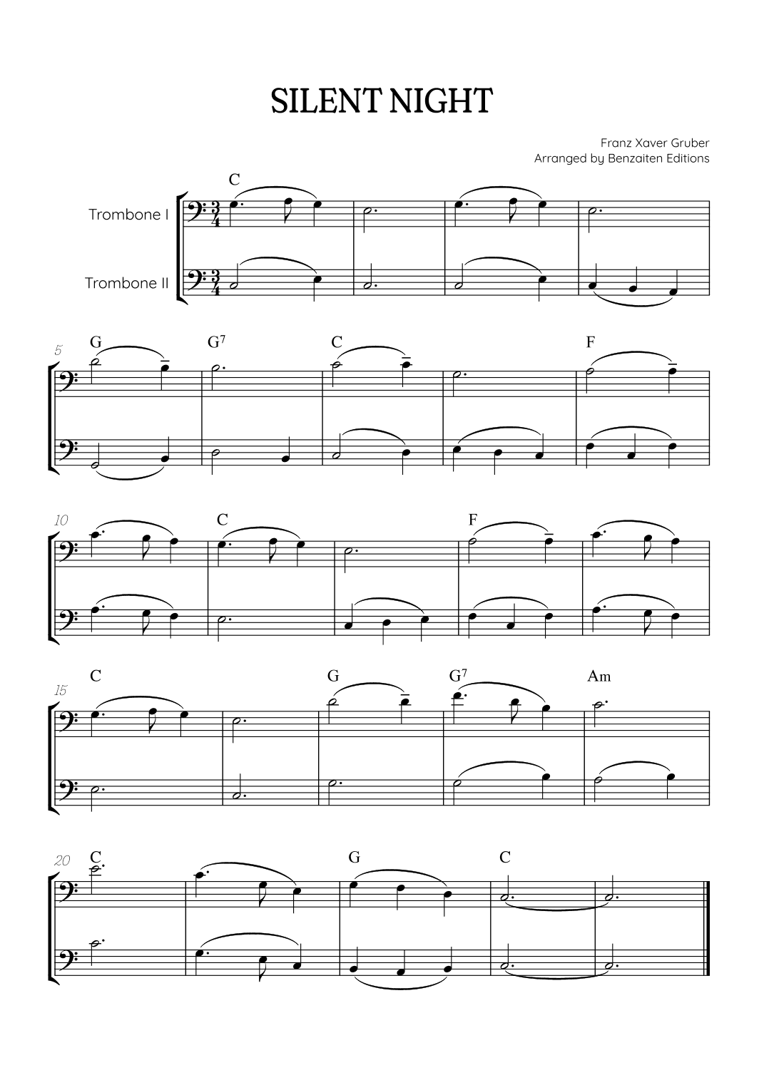 Silent Night for trombone duet • easy Christmas song sheet music (w/ chords) (arr. Benzaiten Editions)