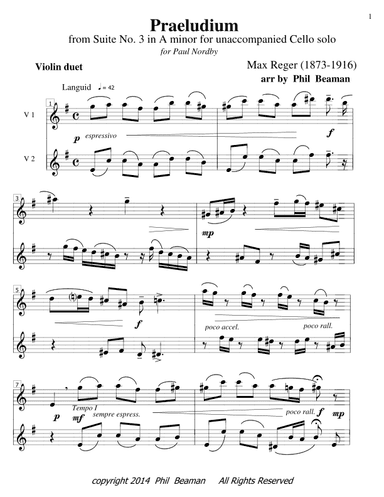 Praeludium - Reger- Violin duet (arr. Phil Beaman)