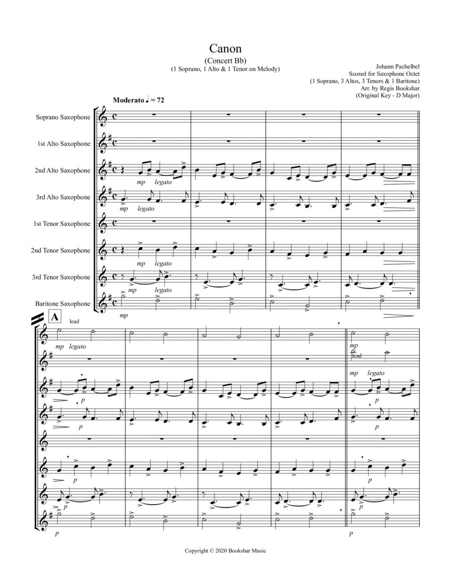 Canon (Pachelbel) (Bb) (Saxophone Octet - 1 Sop, 3 Alto, 3 Tenor, 1 Bari) (1 Sop, 1 Alto, 1 Tenor le (arr. Regis Bookshar)