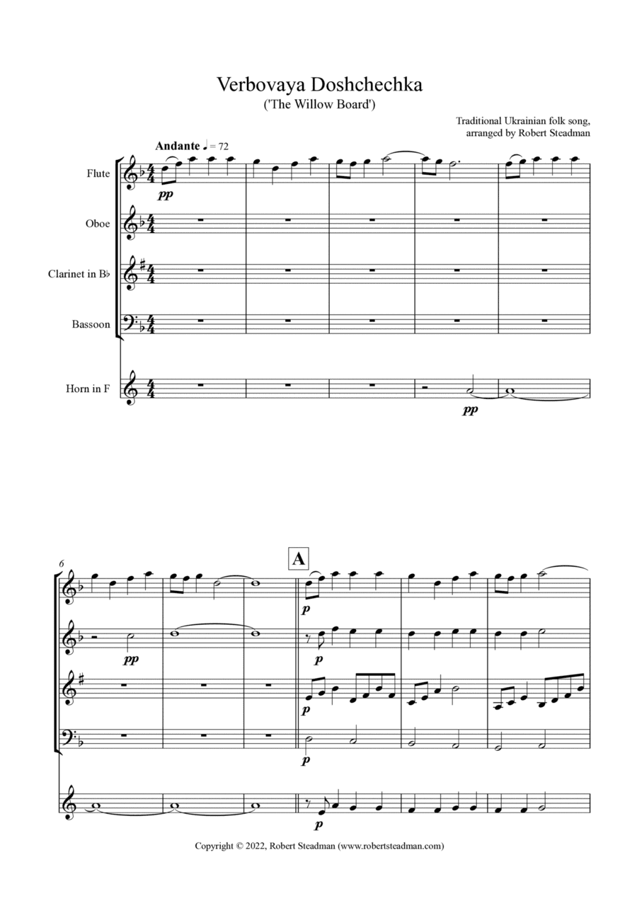 Verbovaya Doshchechka ('The Willow Board') - Ukrainian Folk Song - Wind Quintet (arr. Robert Steadman)