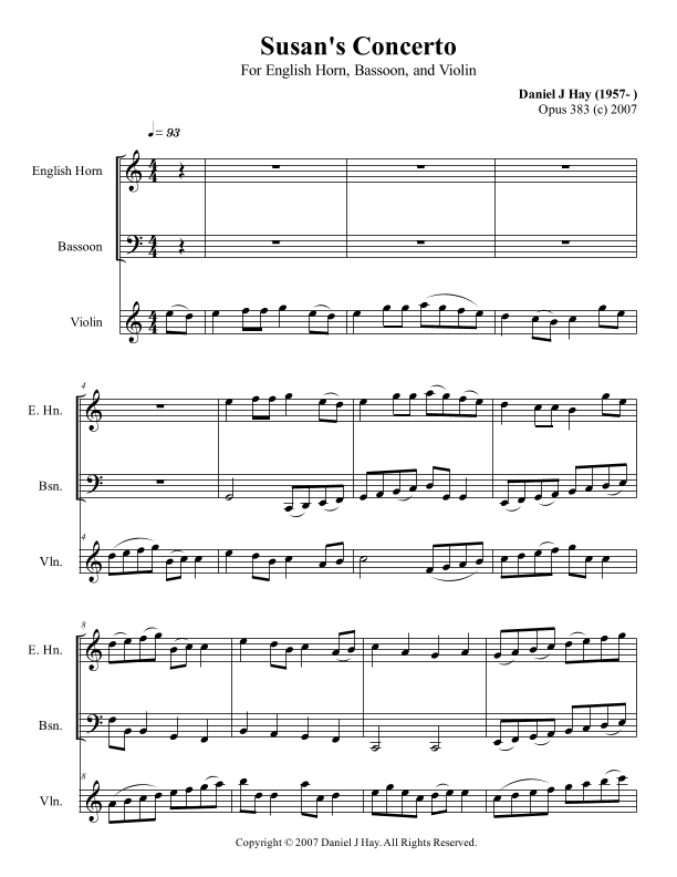 Susan's Concerto (Opus 383) - Violin, English Horn, and Bassoon -- Full Score - Score Only