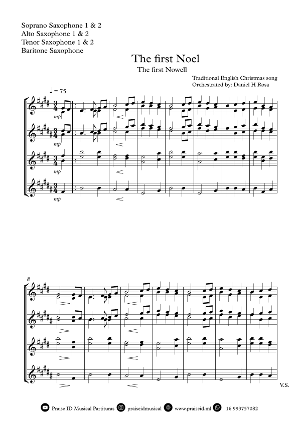 The First Noel - The First Nowell - Easy Christmas Carol - Saxophone Quartet (arr. Daniel H Rosa)