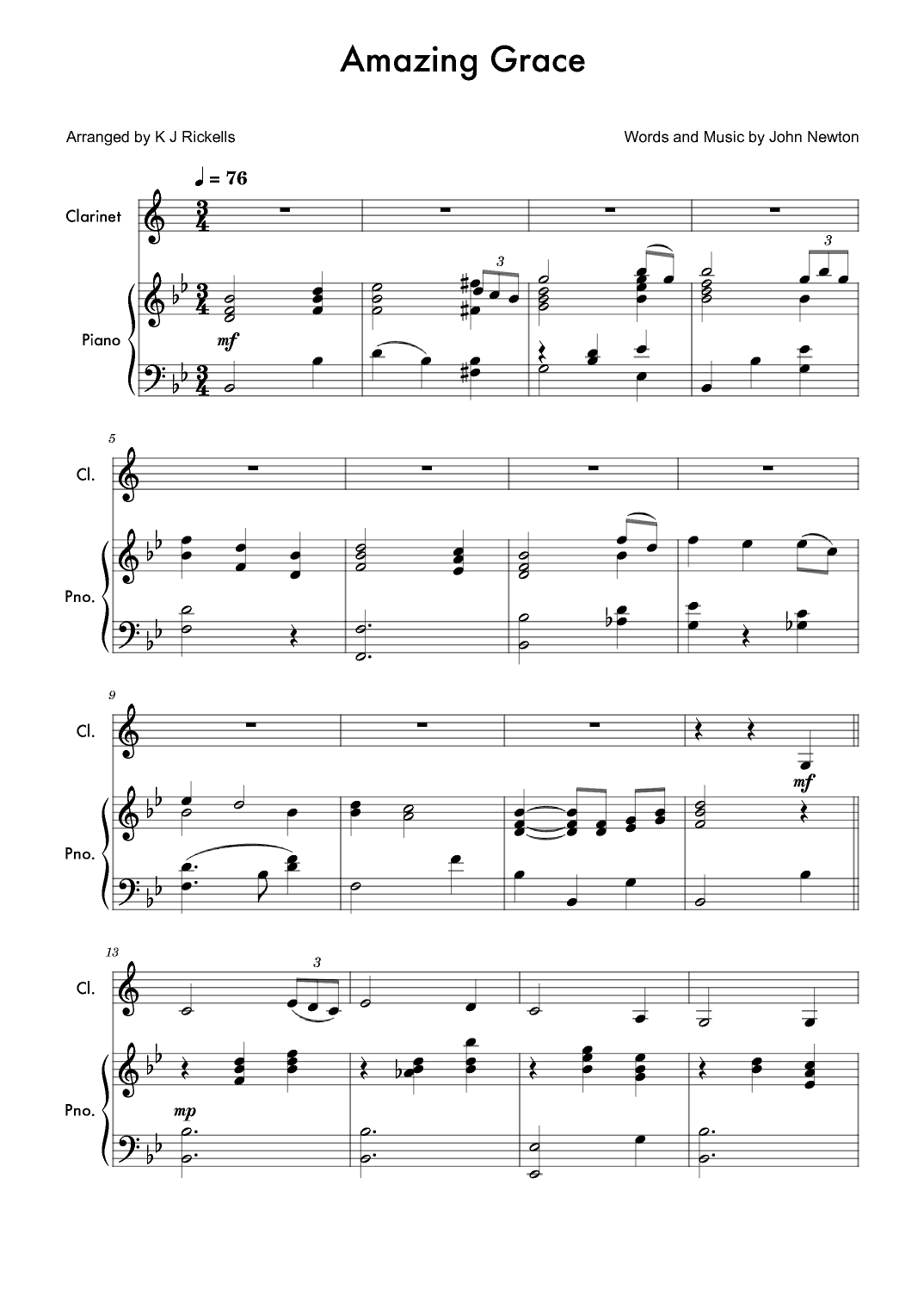 Amazing Grace - Clarinet (lower range) (arr. Kacie J Rickells)