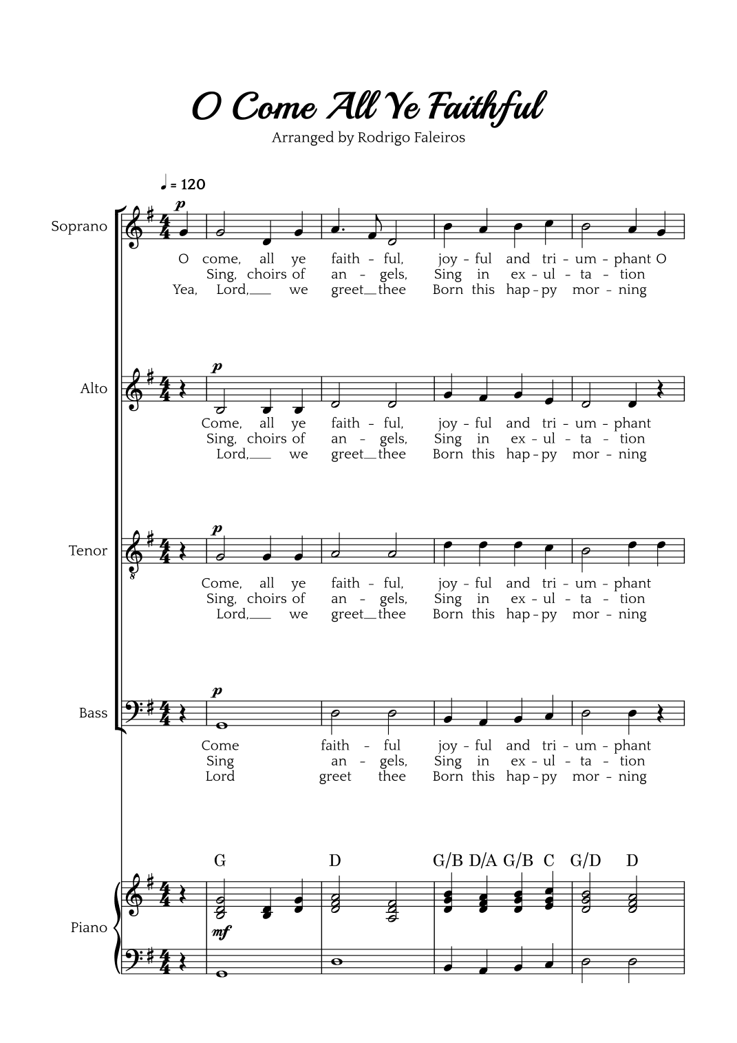 O Come All Ye Faithful (SATB choir and piano accompaniment) (arr. Rodrigo Faleiros)