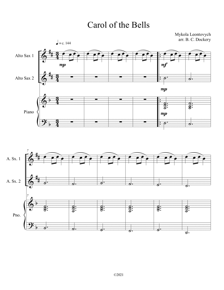 Carol of the Bells (Alto Sax Duet with Piano Accompaniment) (arr. B. C. Dockery)