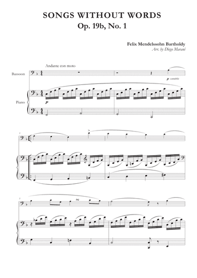 Song Without Words Op. 19 No. 1 for Bassoon and Piano (arr. Diego Marani)