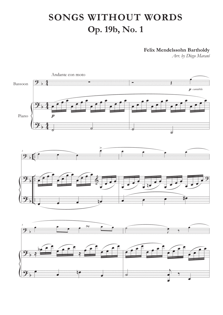Song Without Words Op. 19 No. 1 for Bassoon and Piano (arr. Diego Marani)
